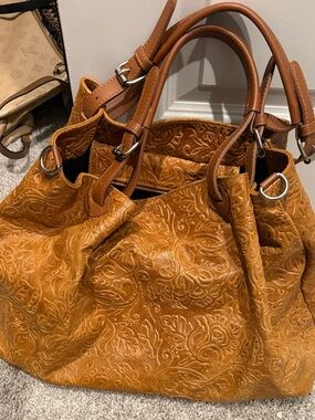 Textured Embossed Tote Bag in Cognac Brown